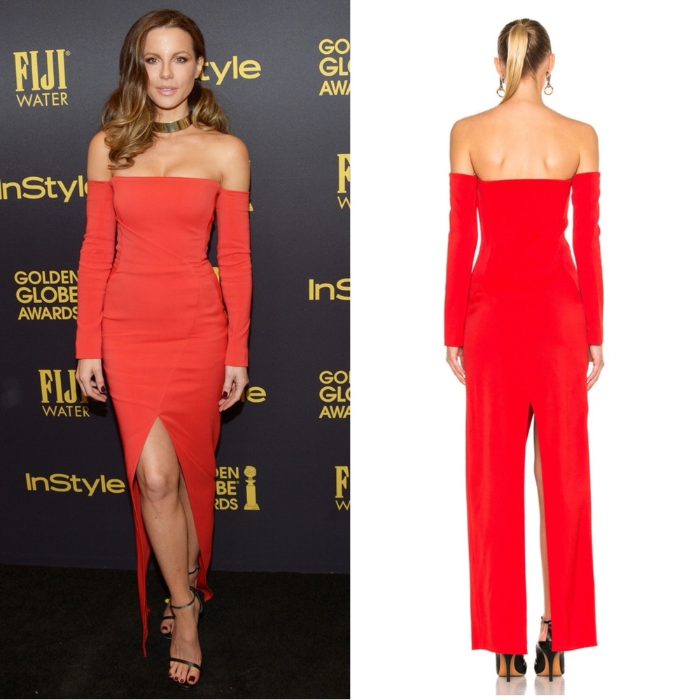 Mugler Long Sleeve Off The Shoulder Viscose Cady Column Gown Size Large NWT Red